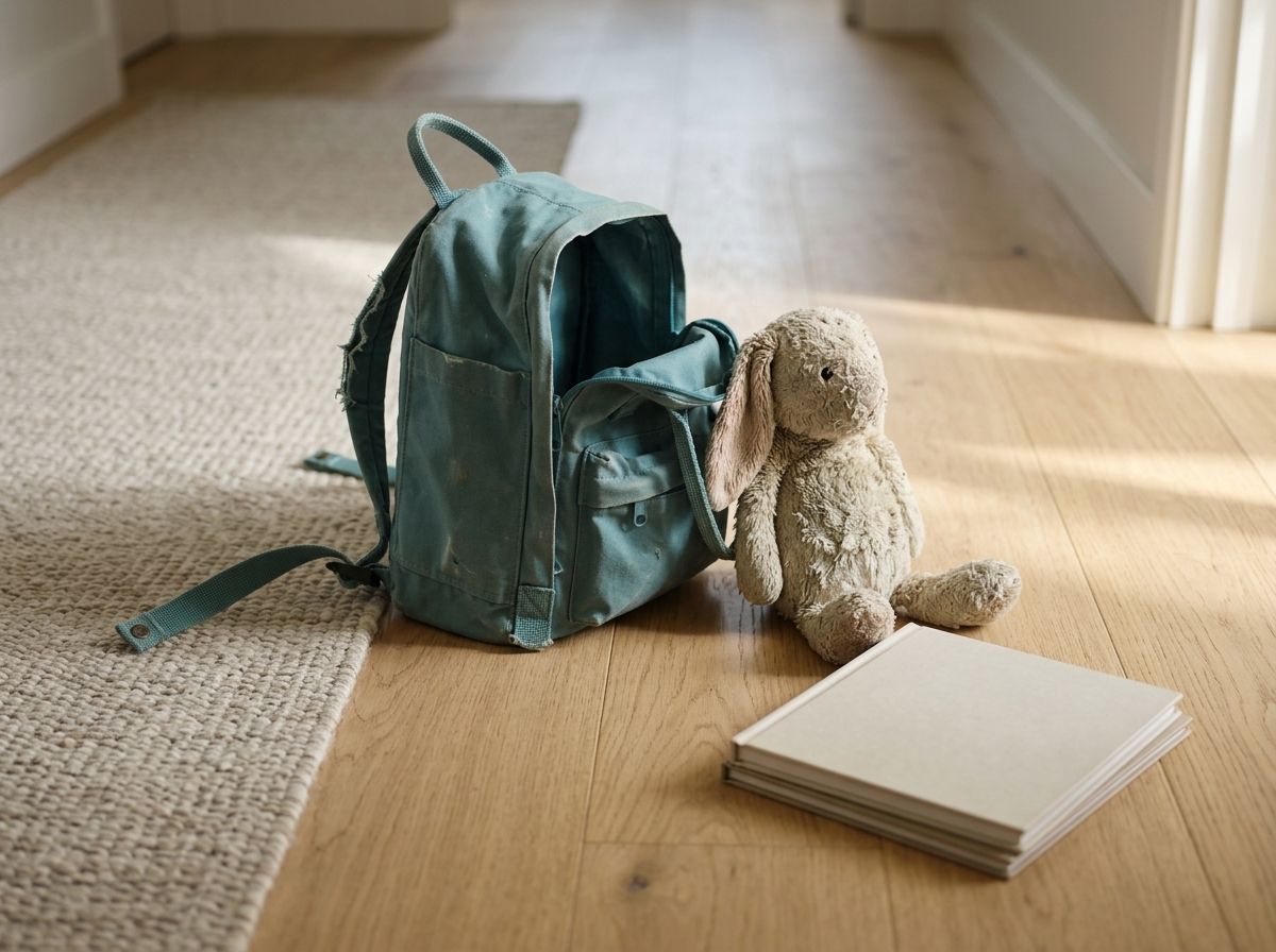 A child's backpack, a well-loved stuffed rabbit and picture books in a hallway at home