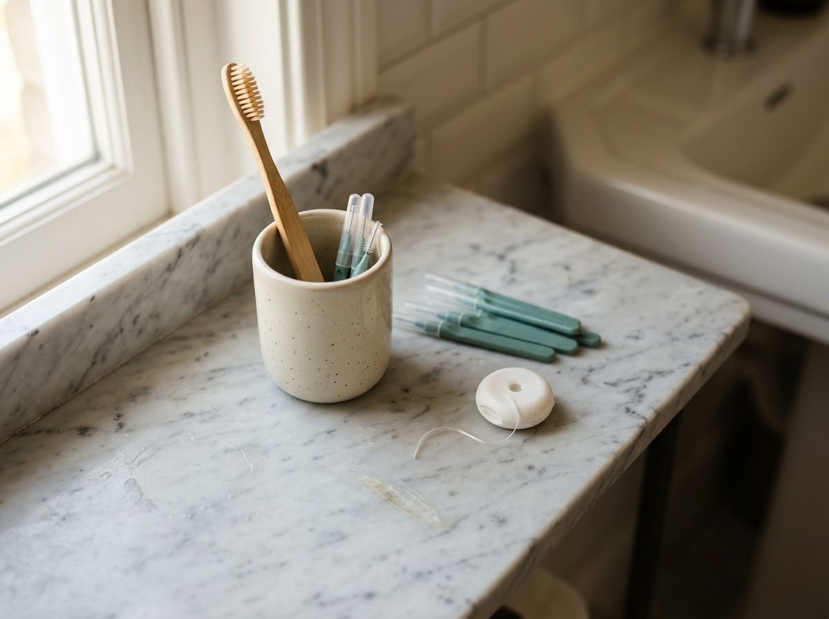 Interdental brushes, floss and a toothbrush on a bathroom shelf, for cleaning around a dental implant