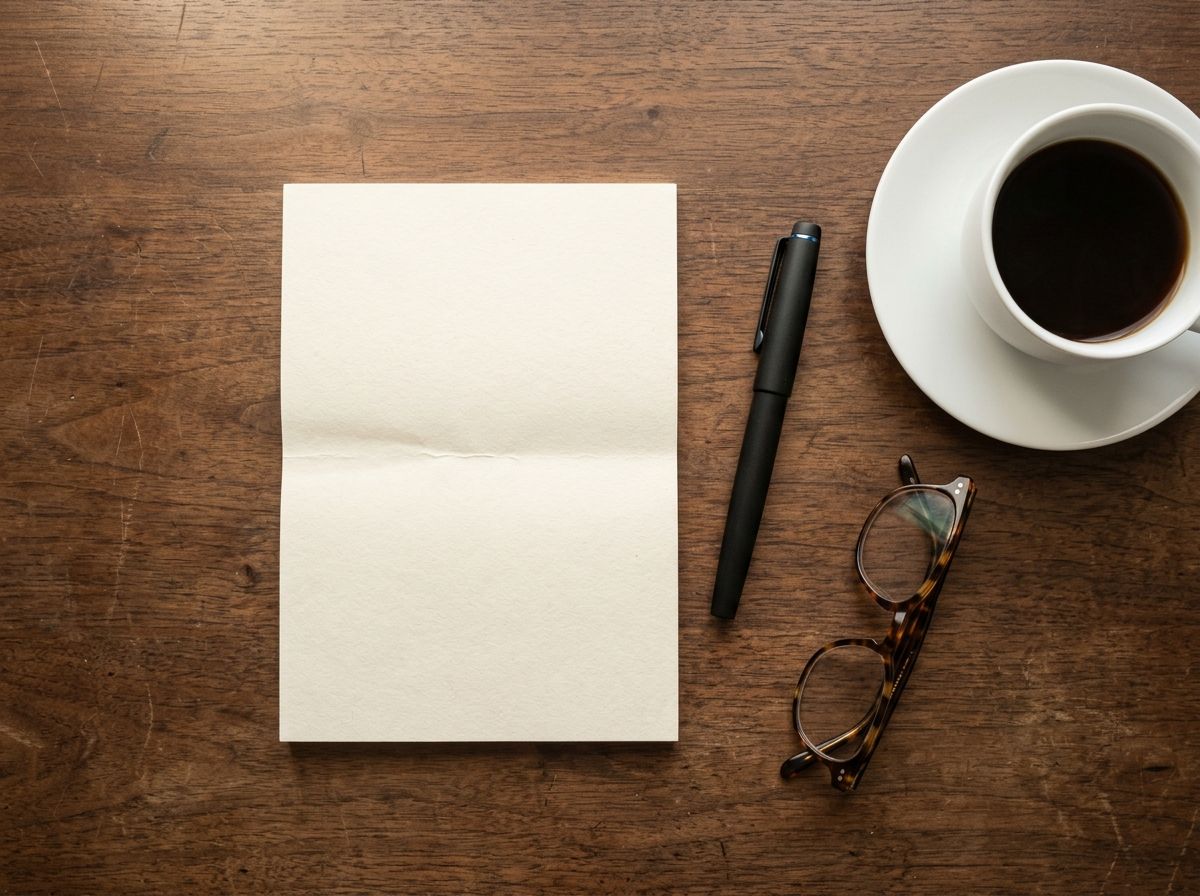 A blank notepad, pen, reading glasses and coffee on a desk, ready to write a patient referral