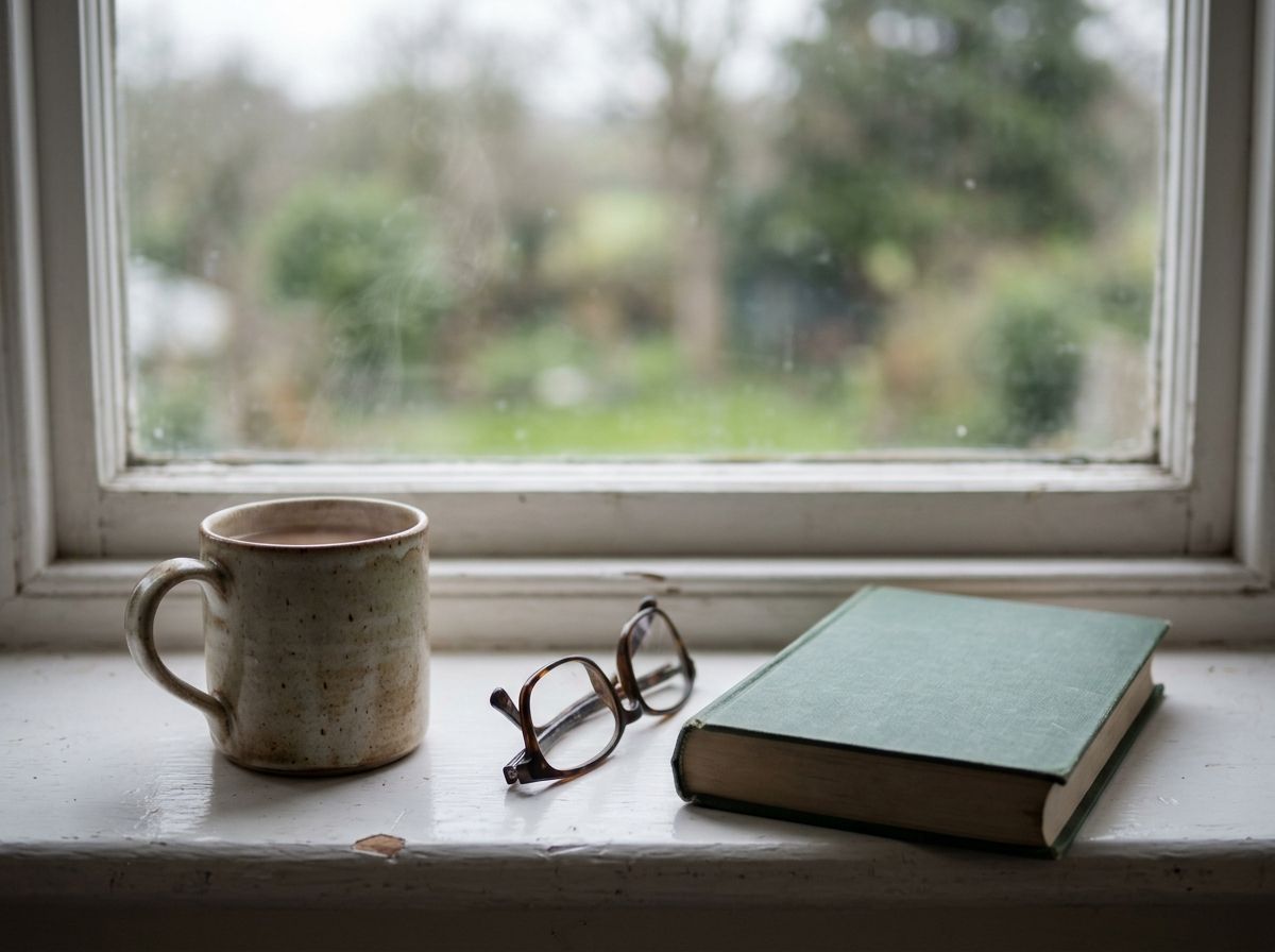 A mug of tea, reading glasses and a book on a windowsill during a quiet day at home
