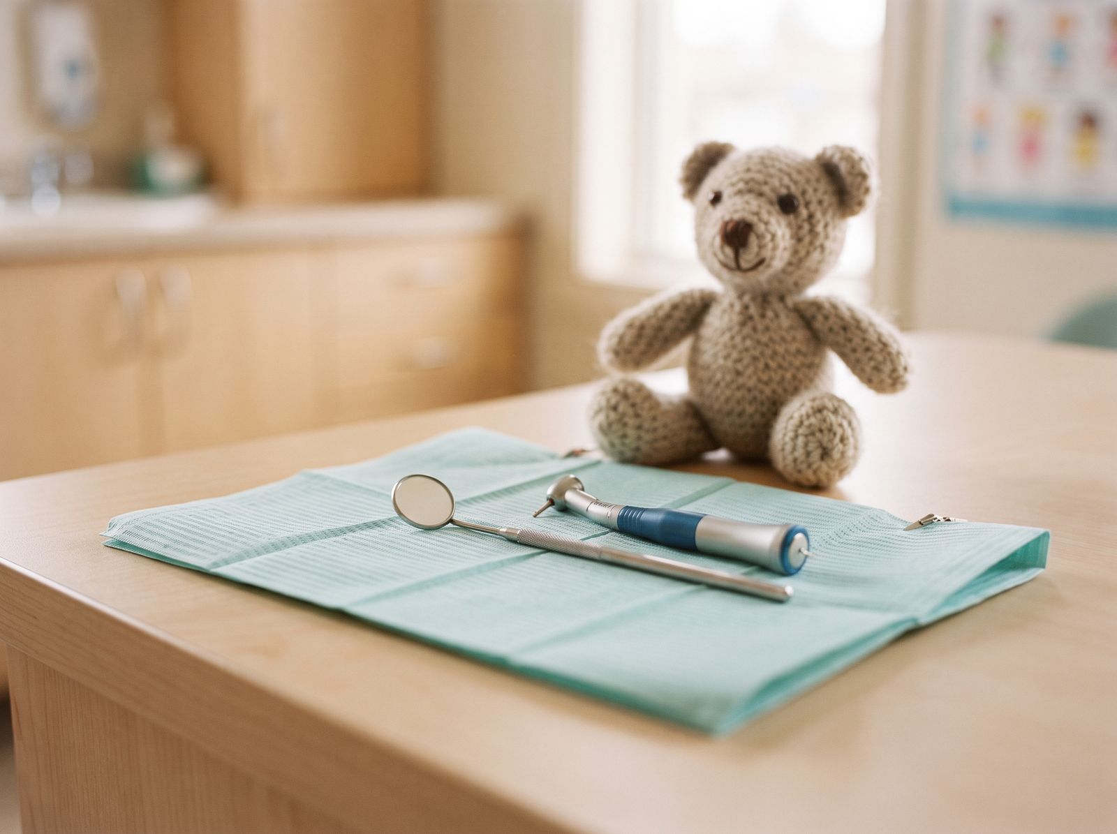 Child-sized dental instruments on a teal bib beside a soft toy at Hanover Dental Sedation