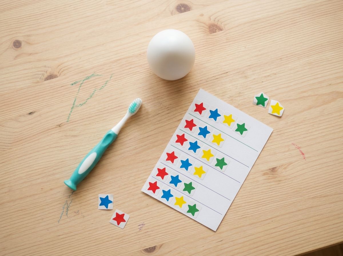 A child's toothbrush, timer and sticker chart arranged on a light surface