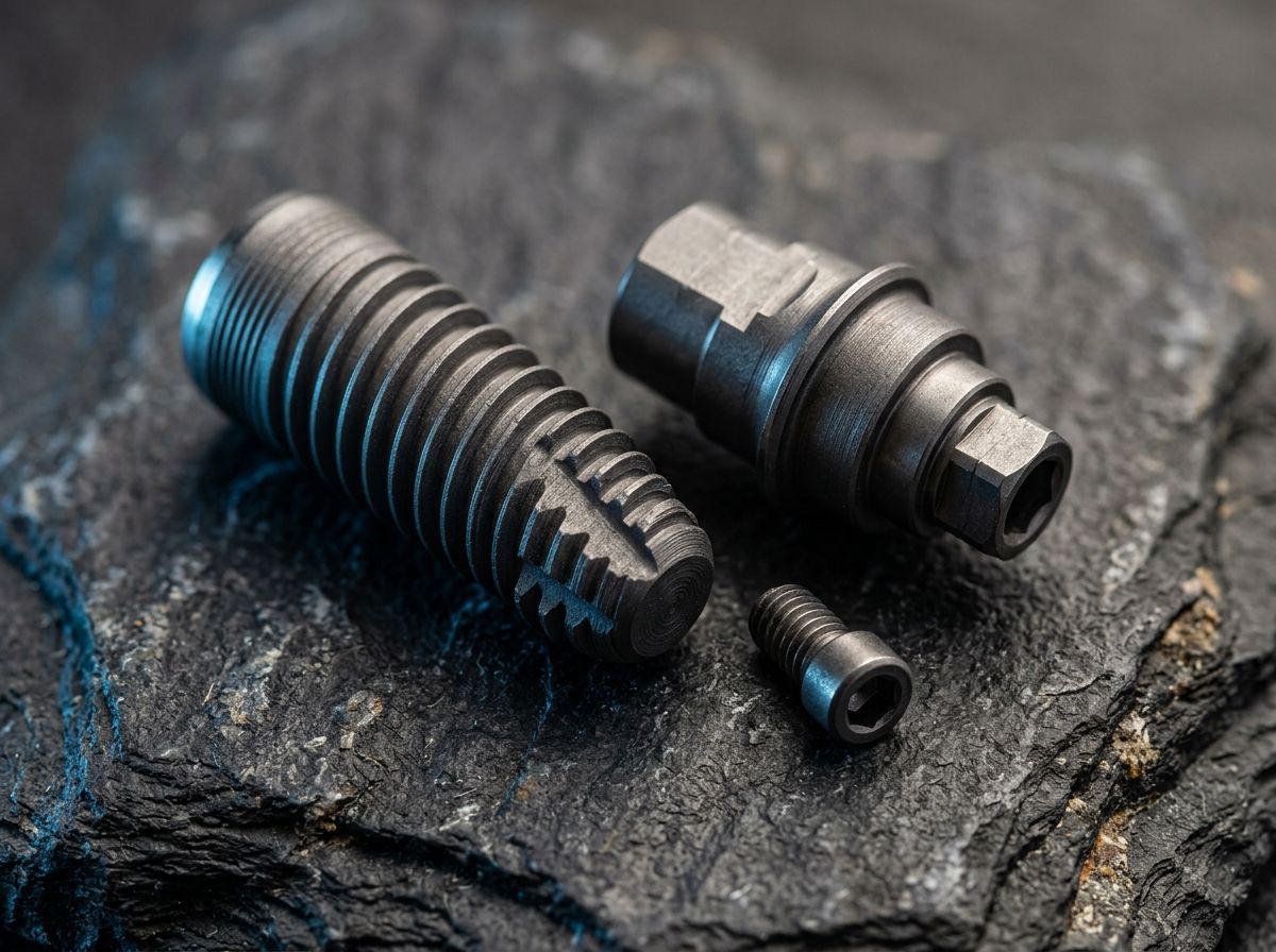 A titanium dental implant post and abutment components arranged on a dark surface at Hanover Dental Sedation