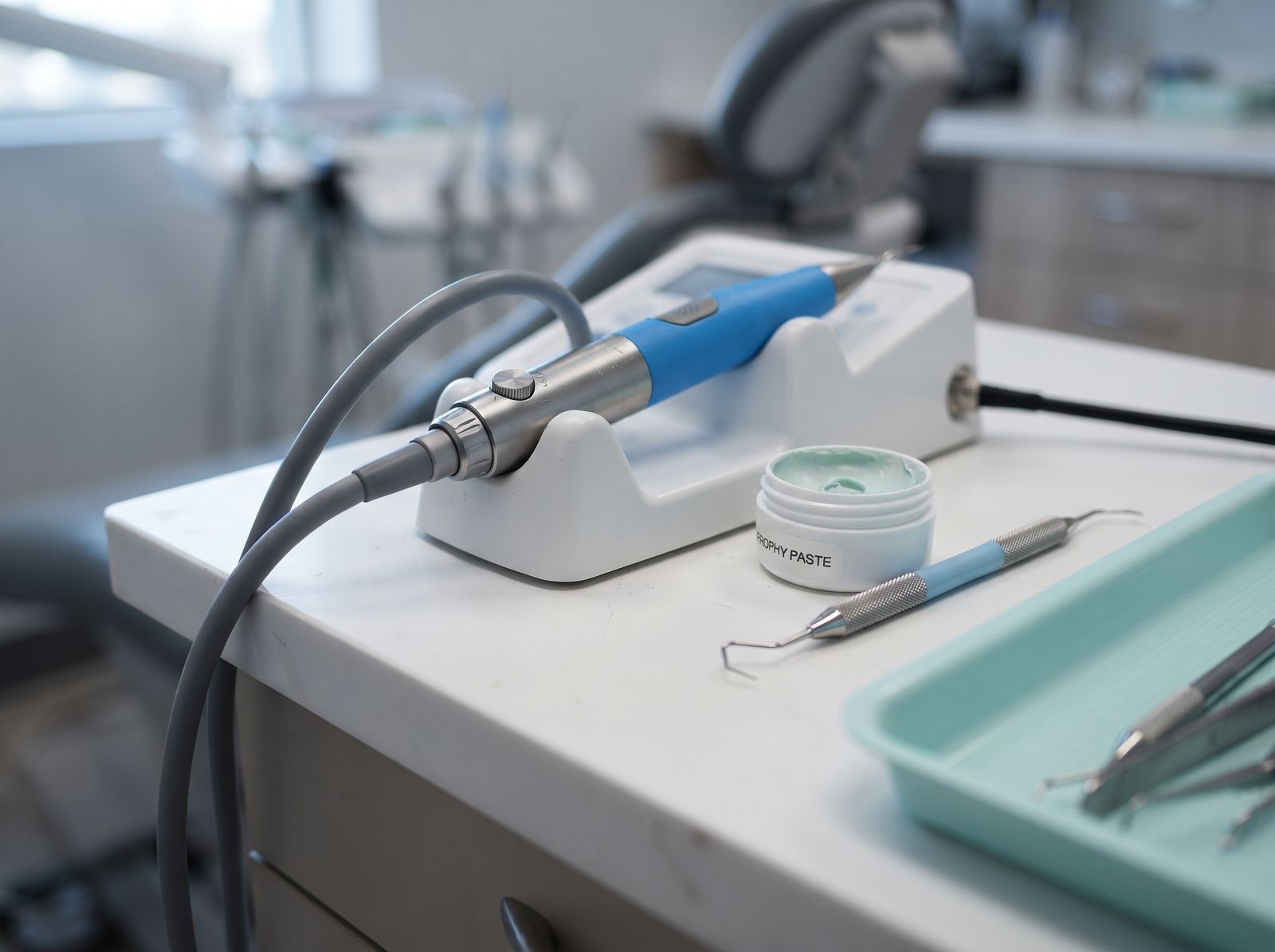 Dental hygiene instruments and polishing paste ready for a routine cleaning at Hanover Dental Sedation