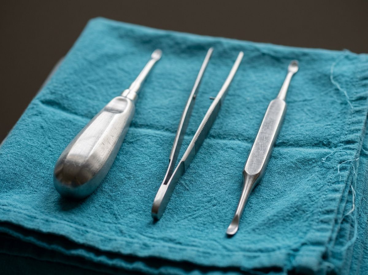 Oral surgery instruments laid out on a teal surgical cloth at Hanover Dental Sedation