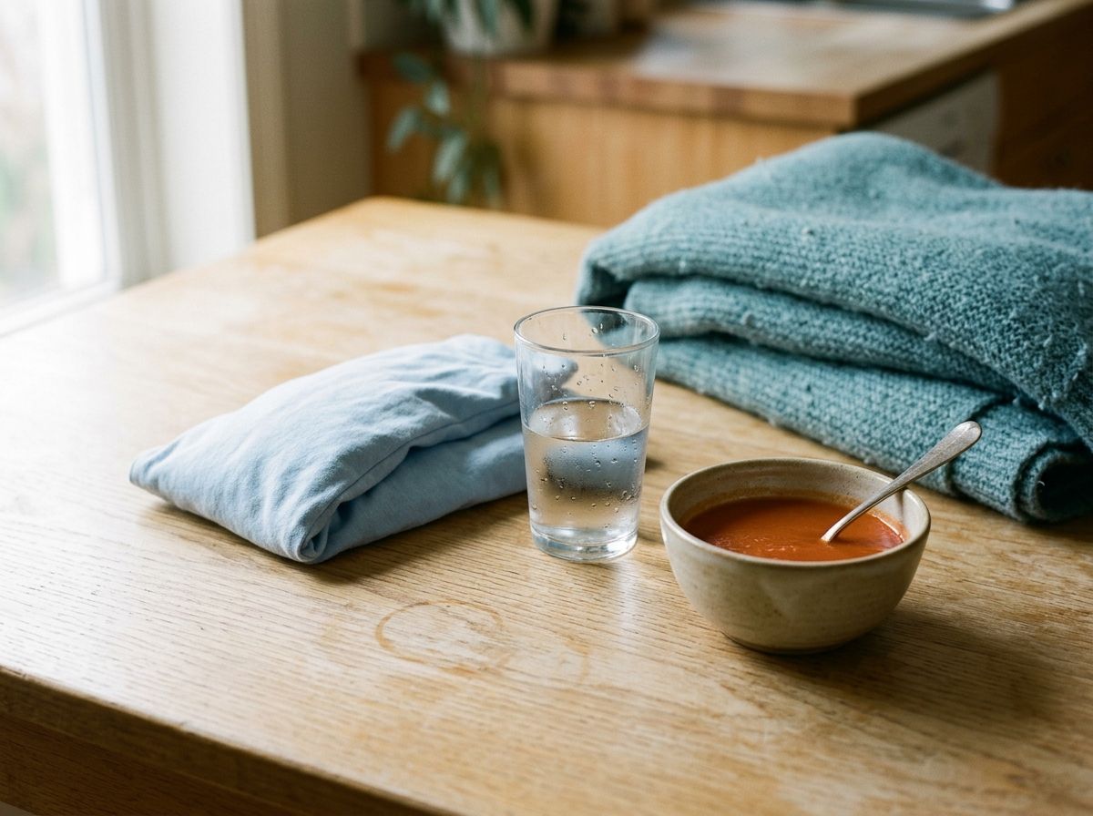 Soft foods, water, an ice pack and a folded blanket set out at home for recovery after wisdom tooth removal